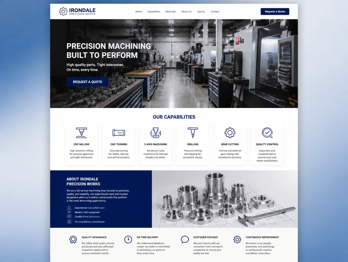 A machining workshop page with a workshop photograph, a large quote button and six capability icons