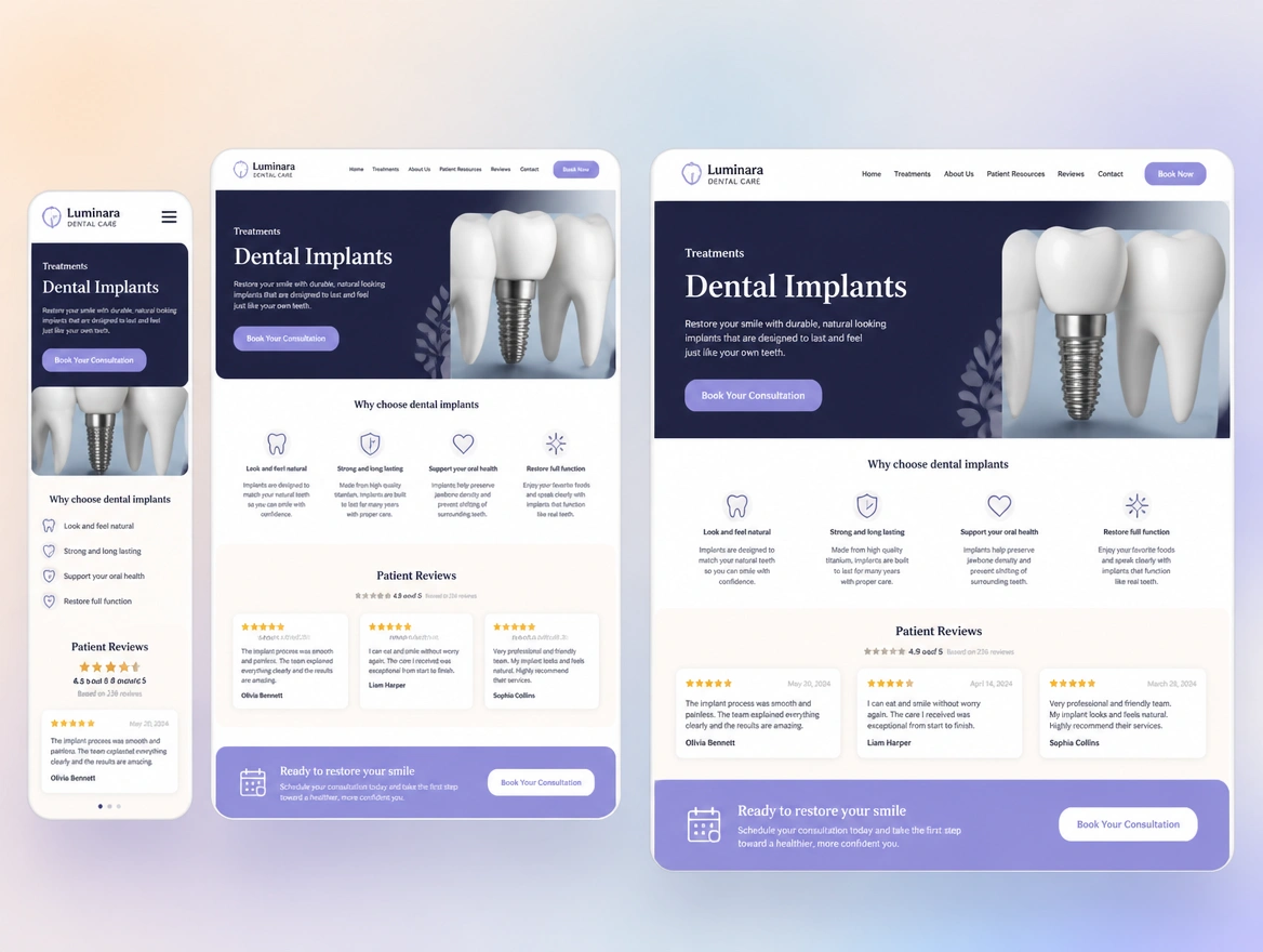 A dental clinic page shown on a phone, tablet and laptop, with reviews and a booking button