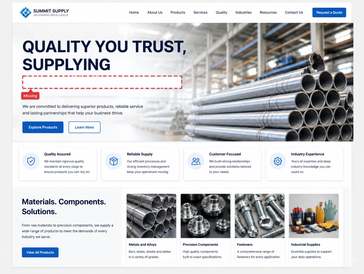 Supplier home page with a quality slogan and a red dashed outline round the blank line naming what is supplied