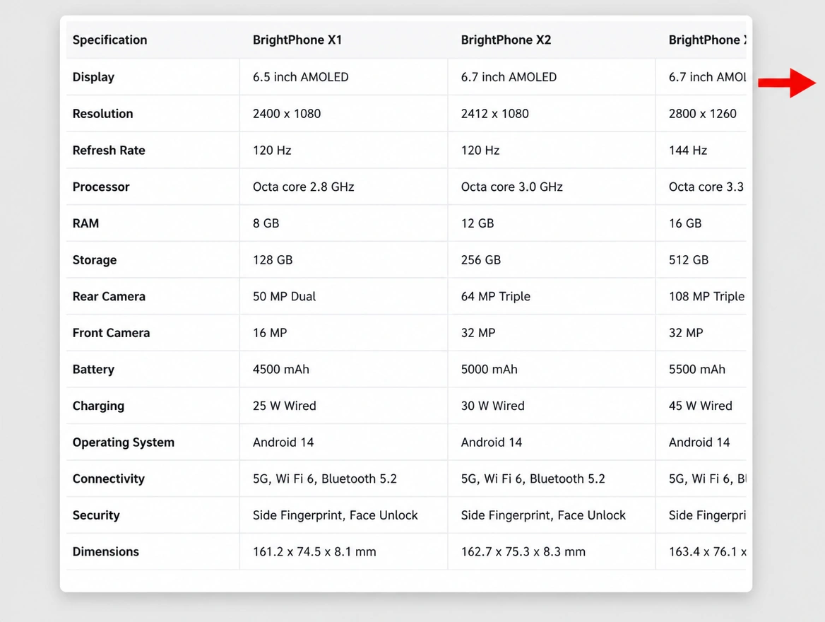 Desktop product table squeezed into a phone width with a red arrow at a column cut off the screen
