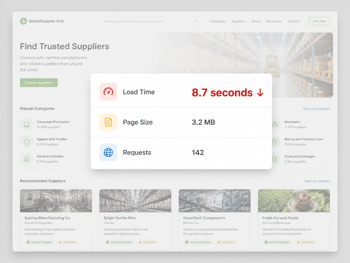 A page speed report with the load time reading 8.7 seconds in red