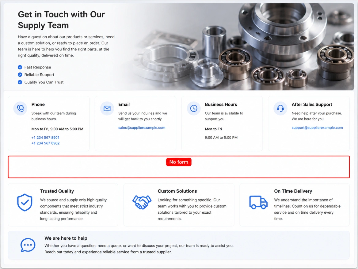 Supplier contact section with a red outlined strip where a quote request form should be