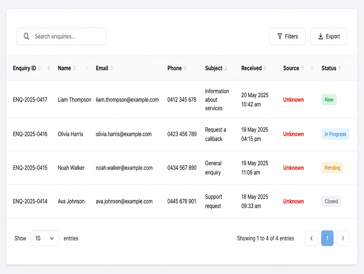 Enquiry list with the source column reading Unknown in red on every row
