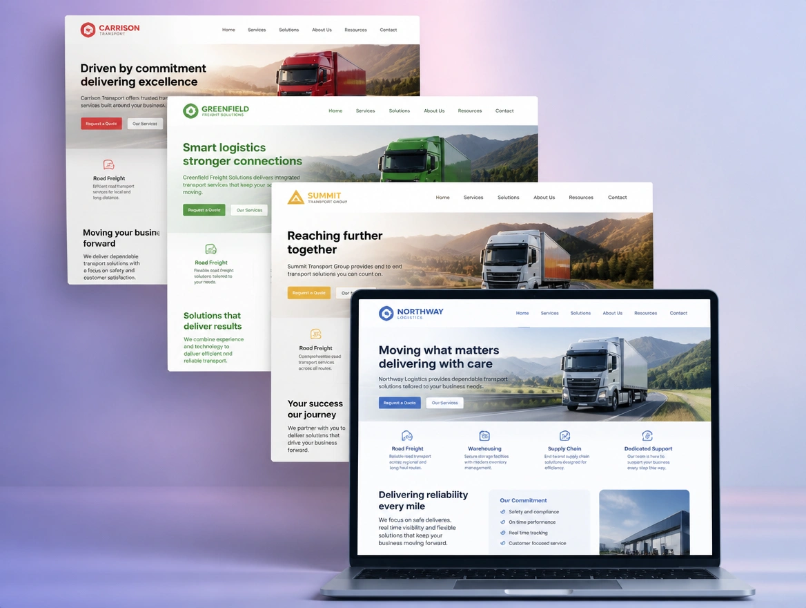 A laptop with four colour variations of the same transport company page floating up behind the screen