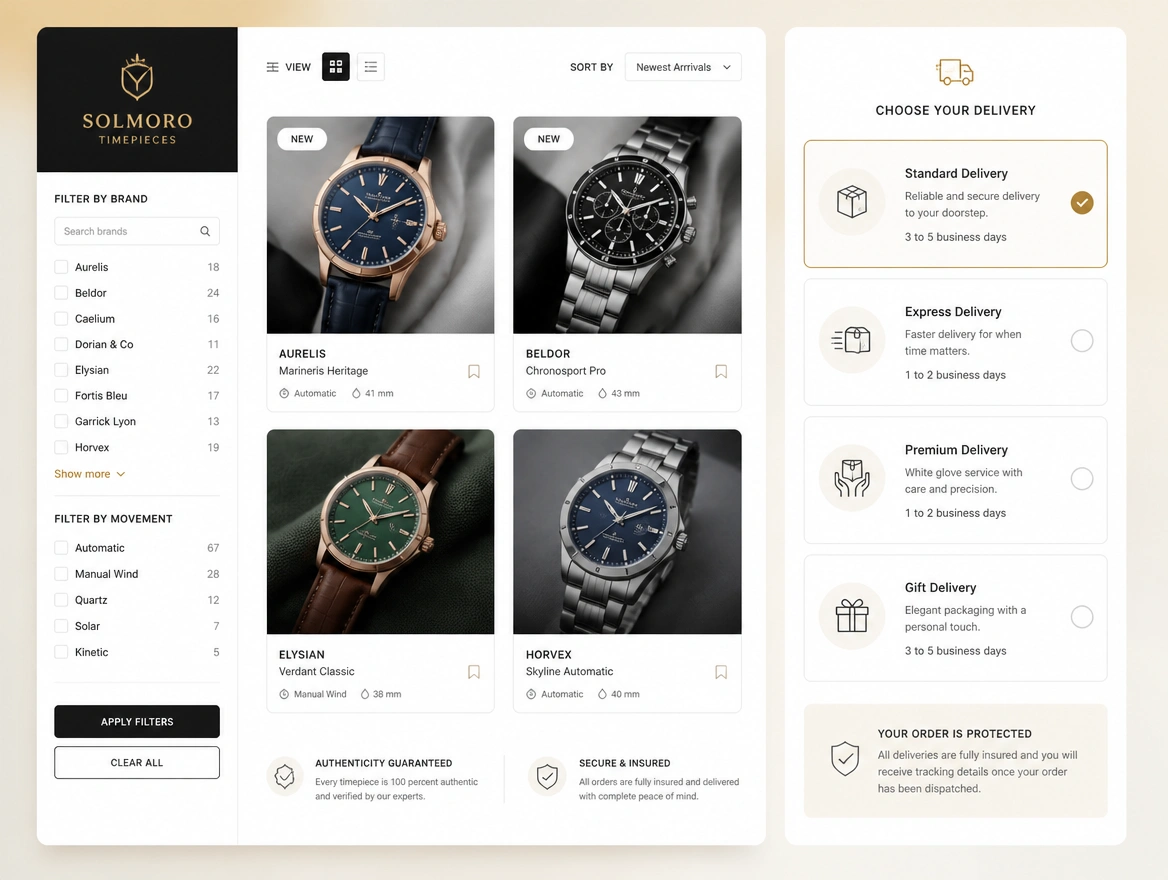 A watch retailer listing with brand and movement filters, beside a panel of four delivery choices