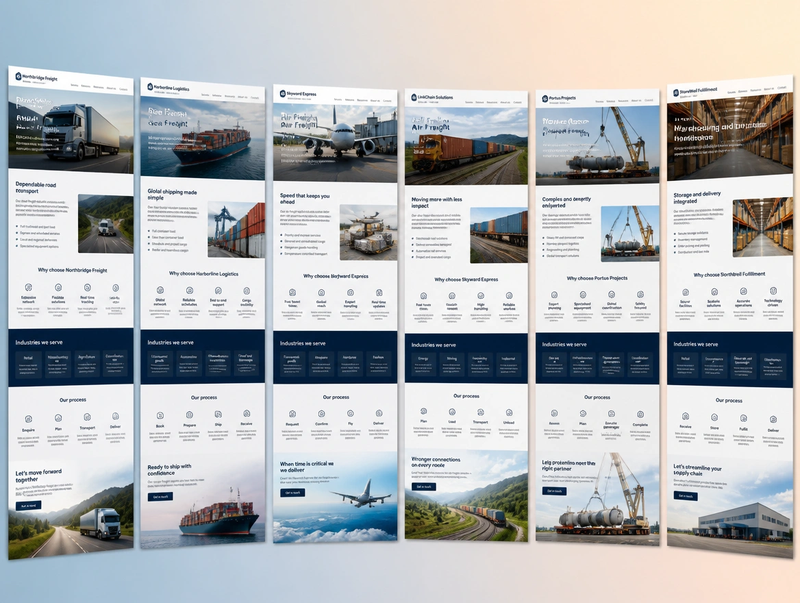 Six pages of a freight company site fanned in a row, one per service