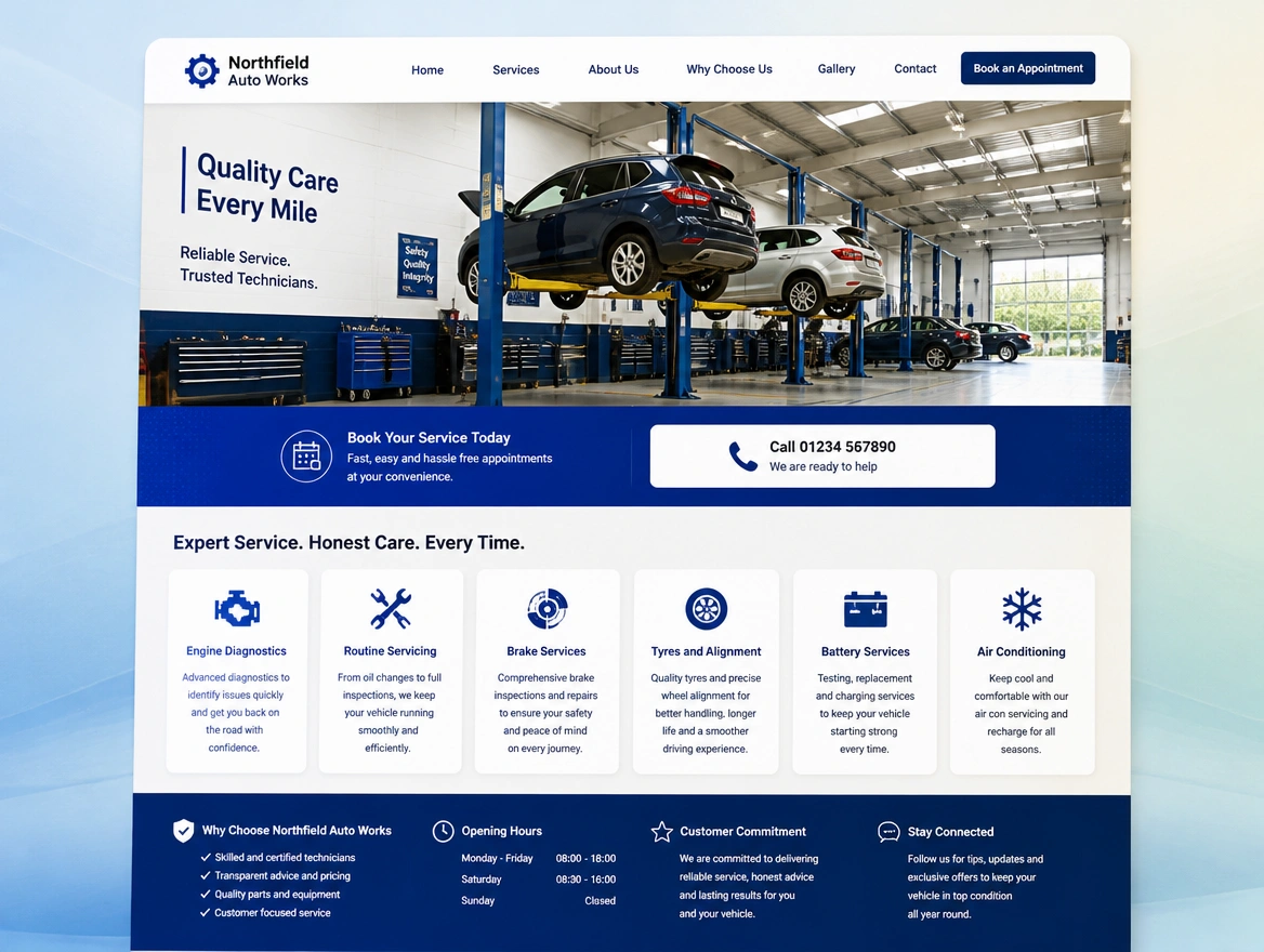A vehicle workshop page with a bay photograph, a large call button and six service icons