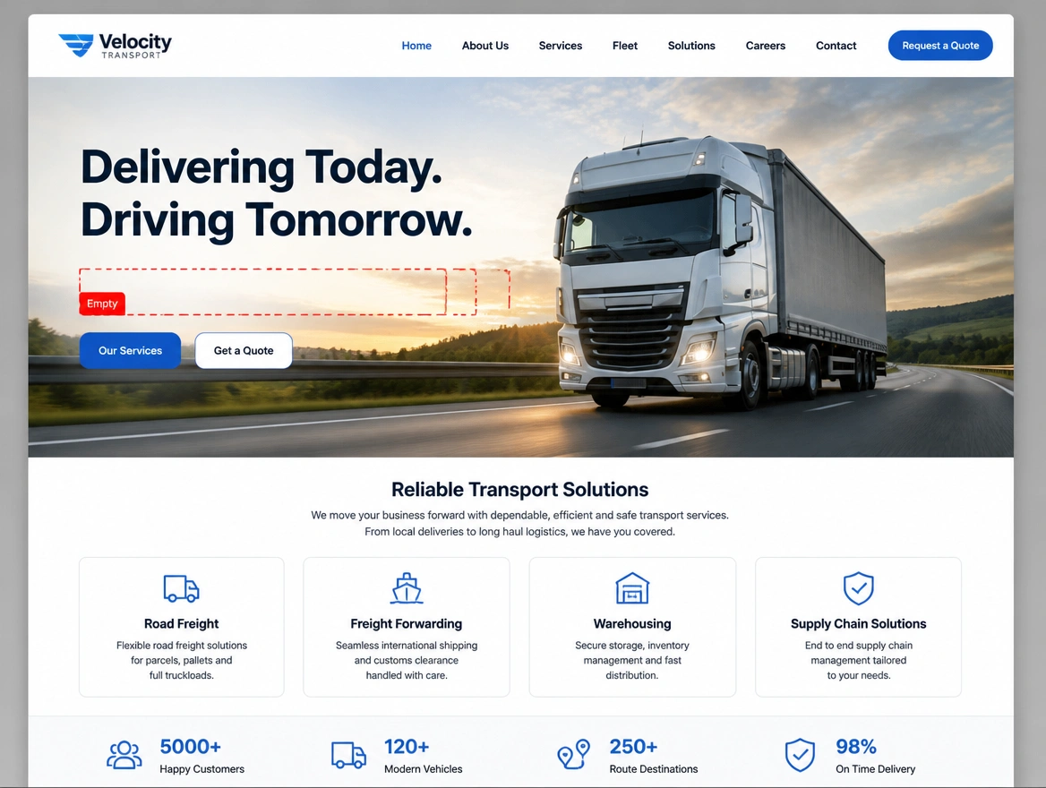 Transport company home page with a decorative hero and a red dashed outline round the empty services line