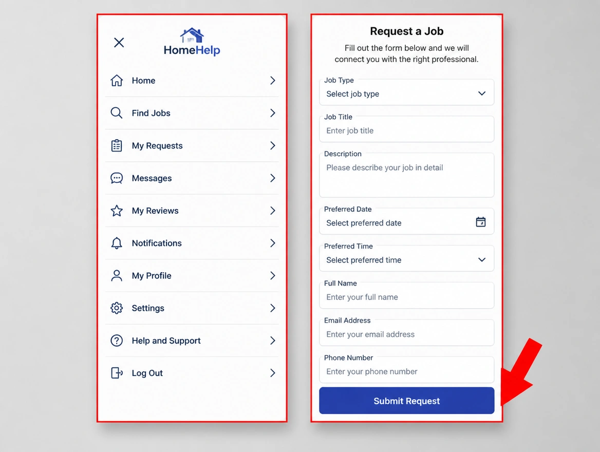 Mobile menu and job request fields overlapping each other, outlined in red with a red arrow at the cramped button
