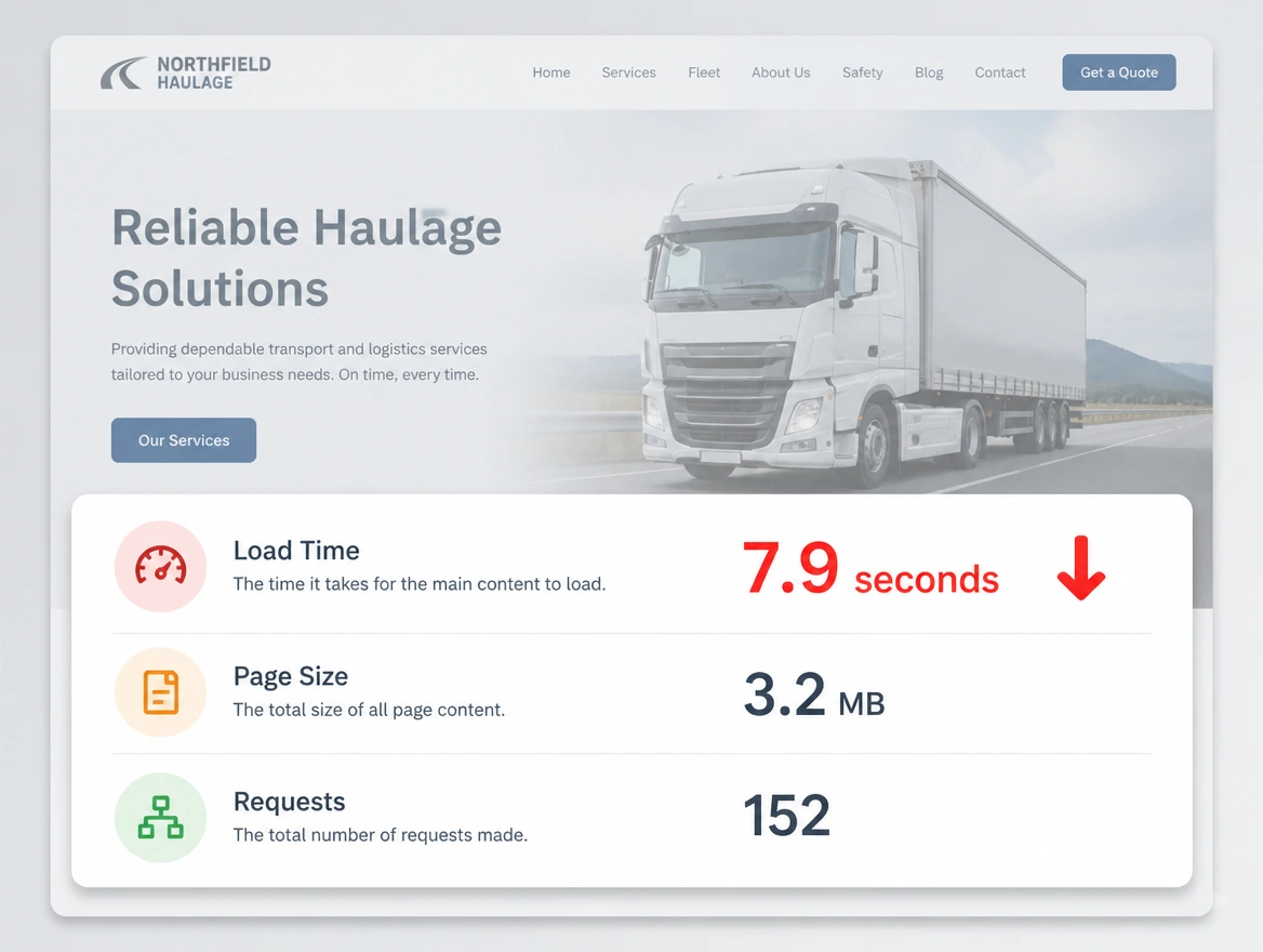 A page speed report with the load time reading 7.9 seconds in red