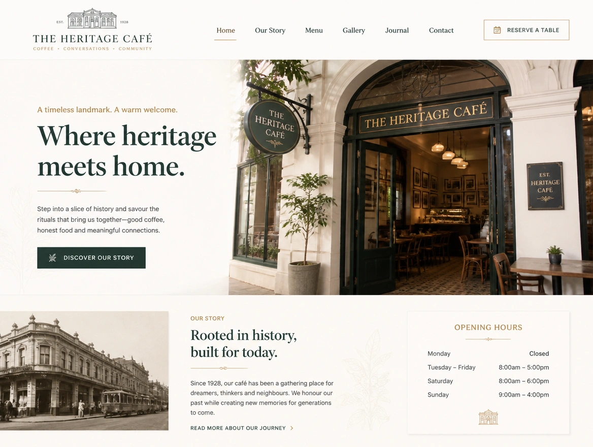 A heritage cafe website with opening hours and a reserve a table button