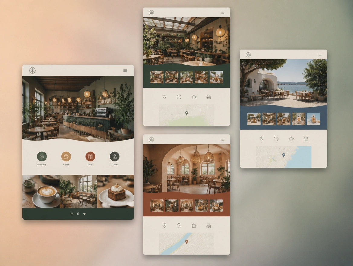Four versions of a cafe site, each with its own photographs, colours and location map