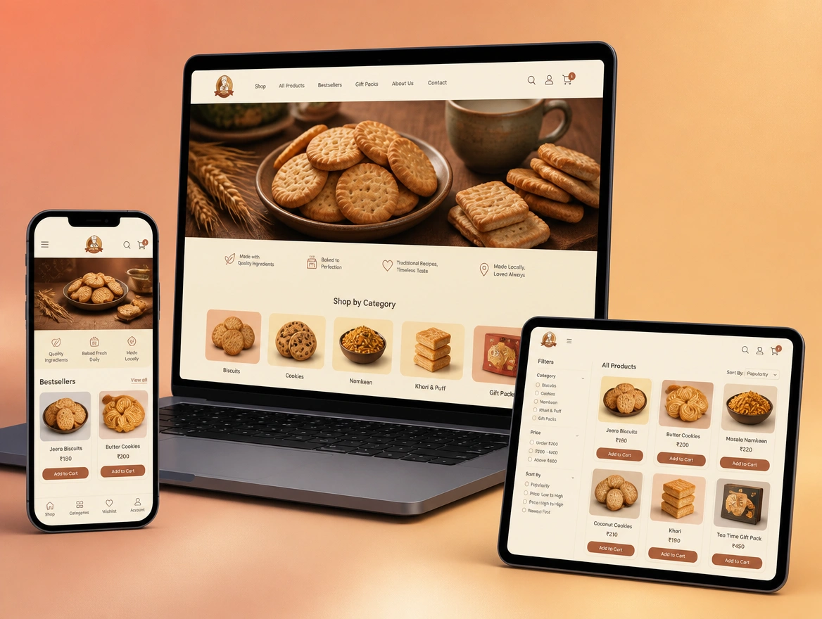 A biscuit shop on three screens with category tiles and product cards to add