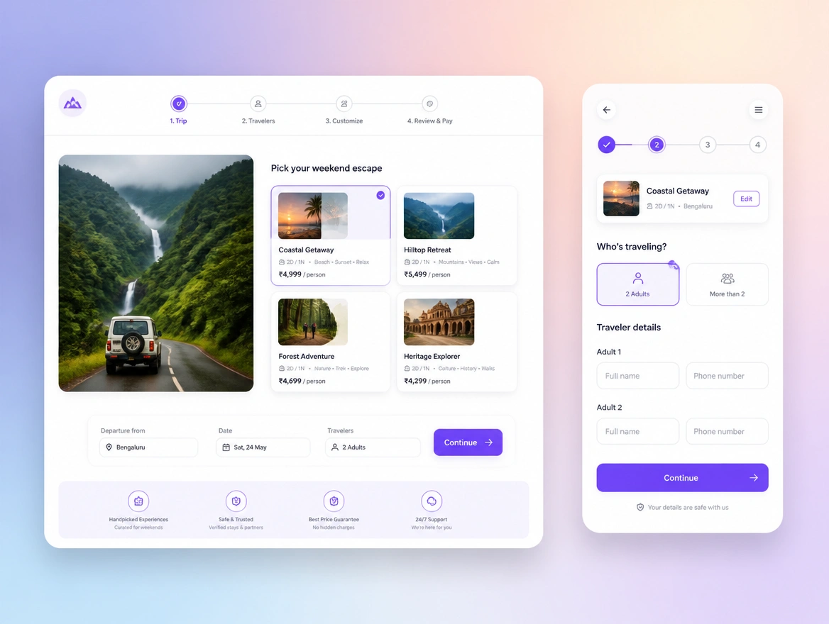 A four step booking flow with package cards on desktop and guest name fields on phone