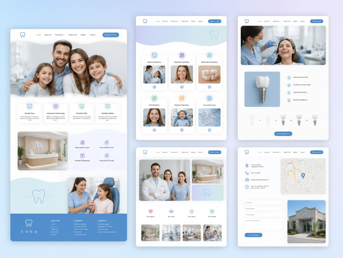 Five pages of a dental site covering home, treatments, implants, the team and contact