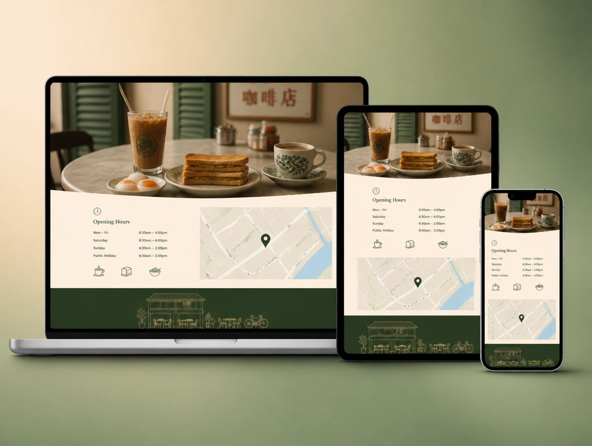 A coffee shop site on laptop, tablet and phone showing opening hours and a map