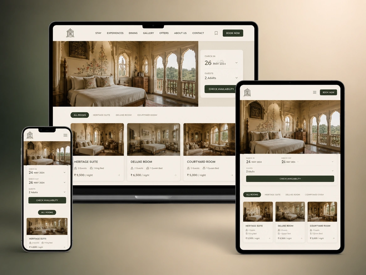 A heritage hotel site on three screens with a date picker and rooms to compare