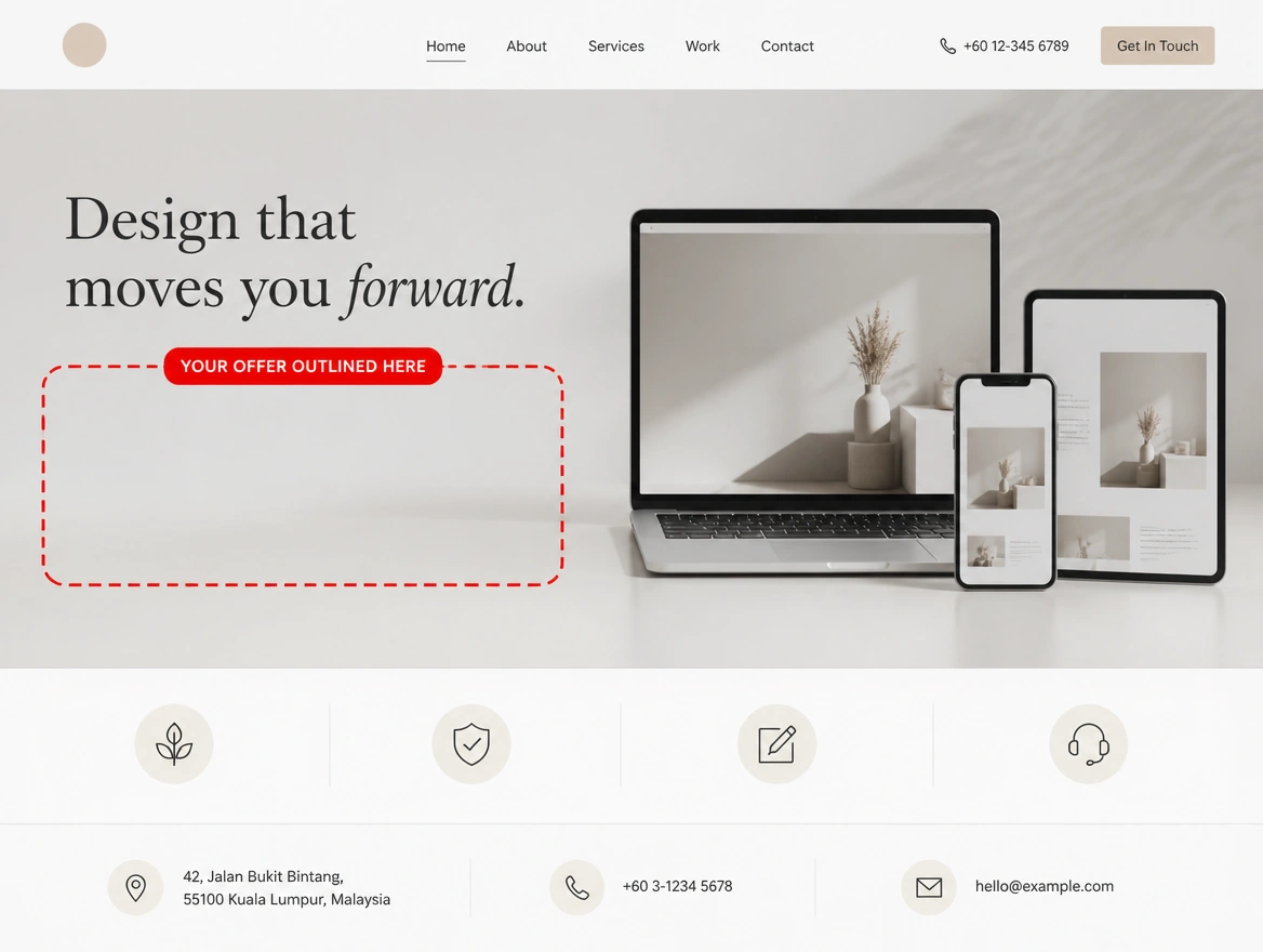 Website hero with a vague slogan and a red dashed box where the offer should be