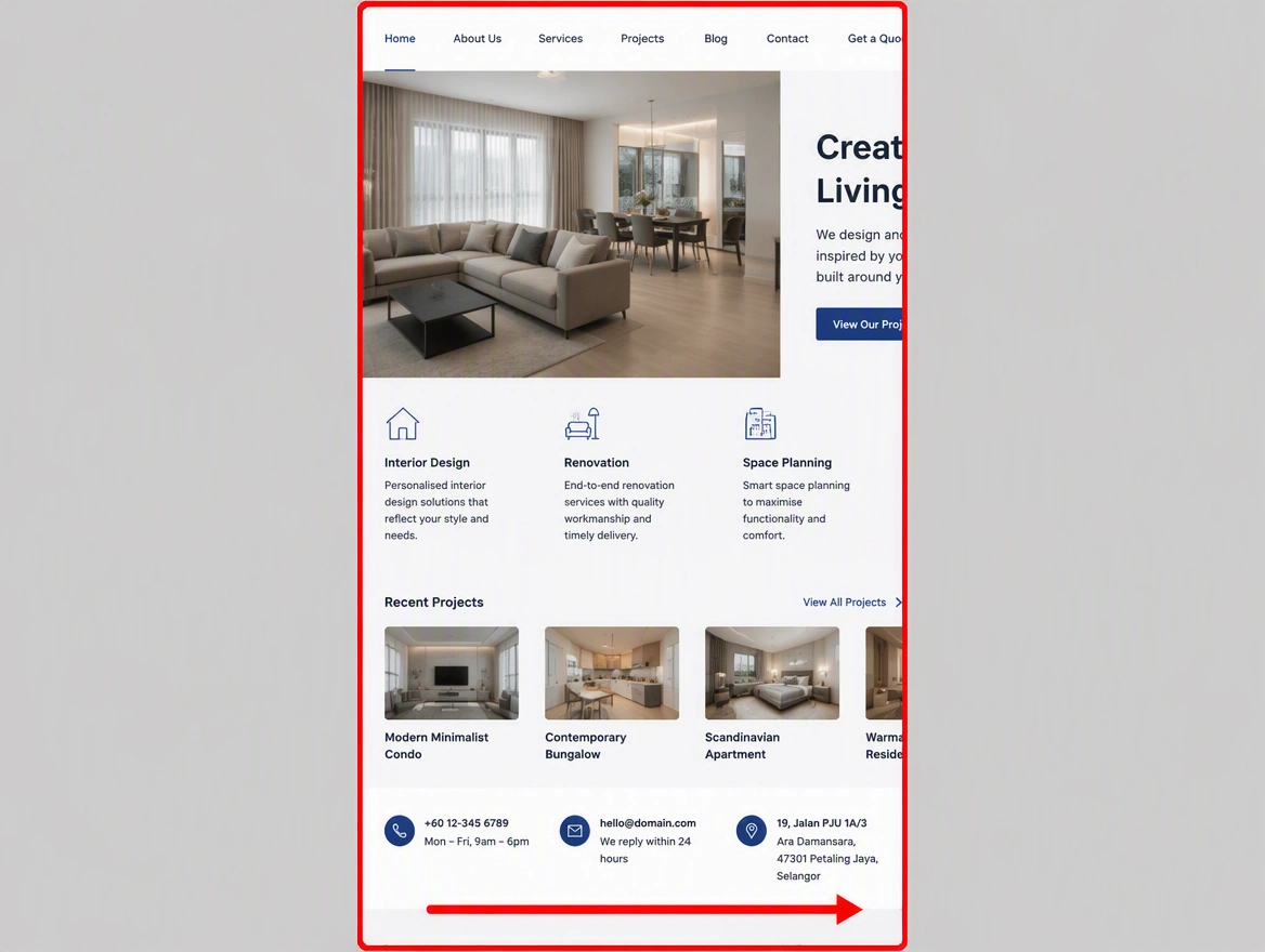Phone screen holding a desktop layout cut off at the right edge with a red arrow for sideways scroll