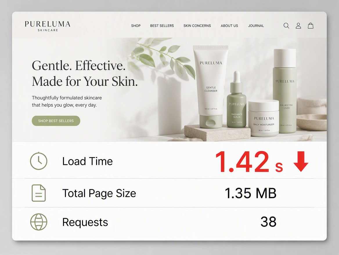 Skincare homepage above a speed panel with total page size and red load time