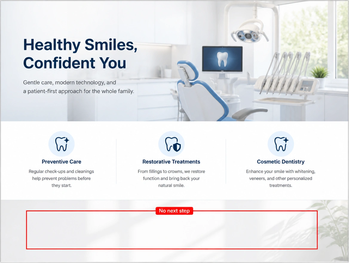 Dental clinic page ending in an empty red bordered band with no booking button