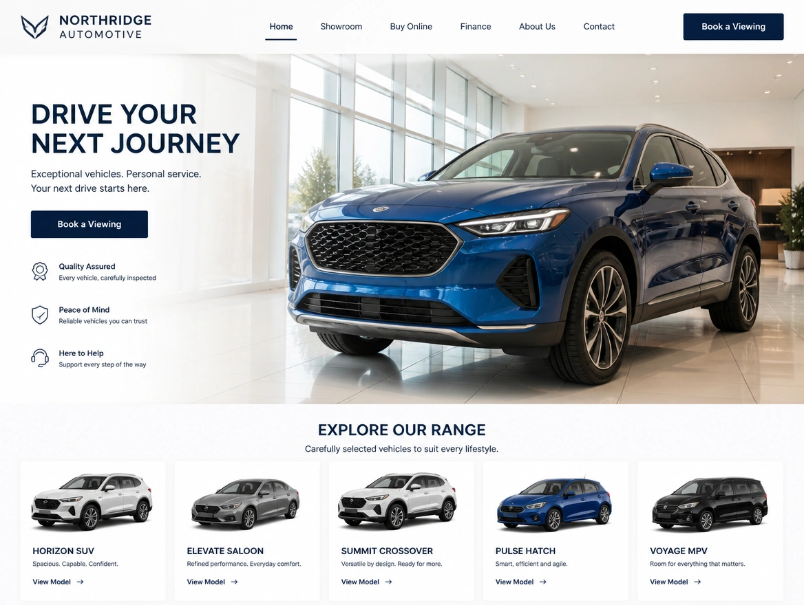 A car showroom home page with a model list and a book a viewing button