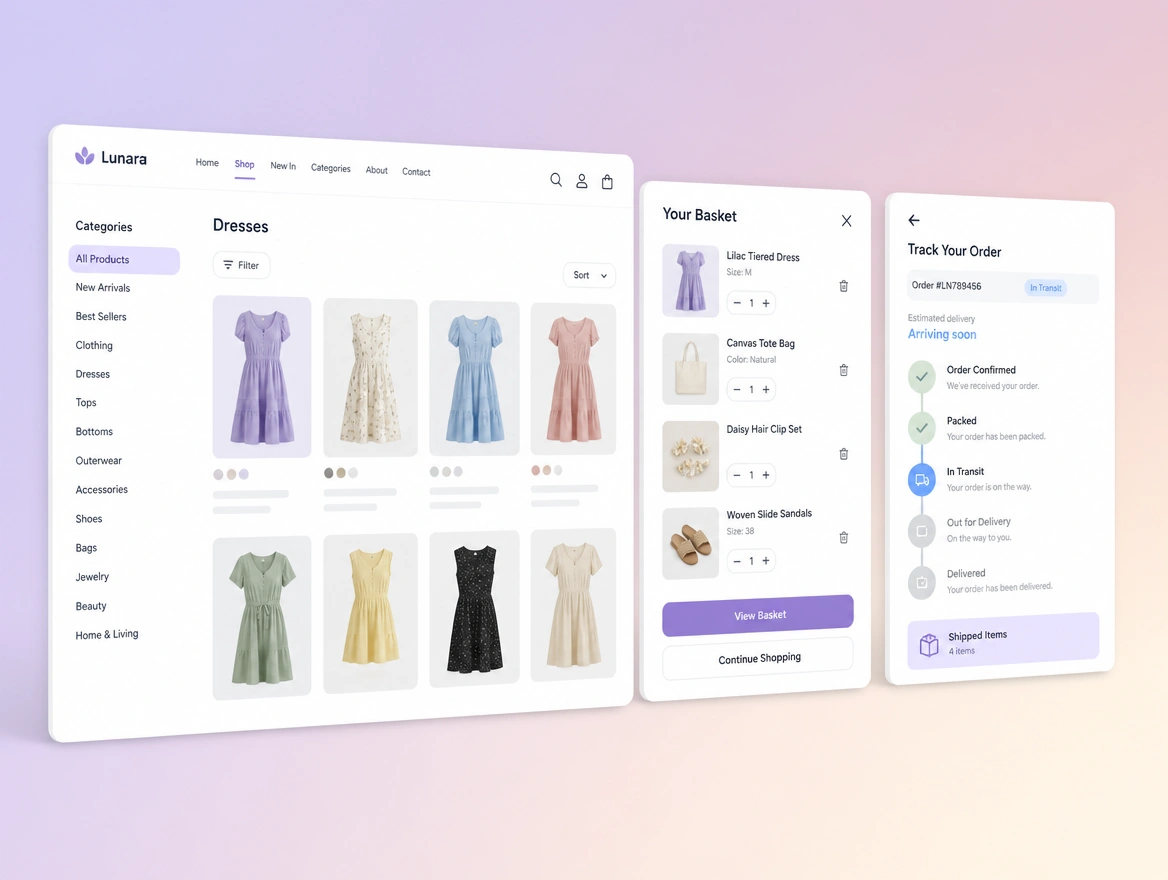A dress shop grid beside a basket panel and an order tracking panel with delivery steps