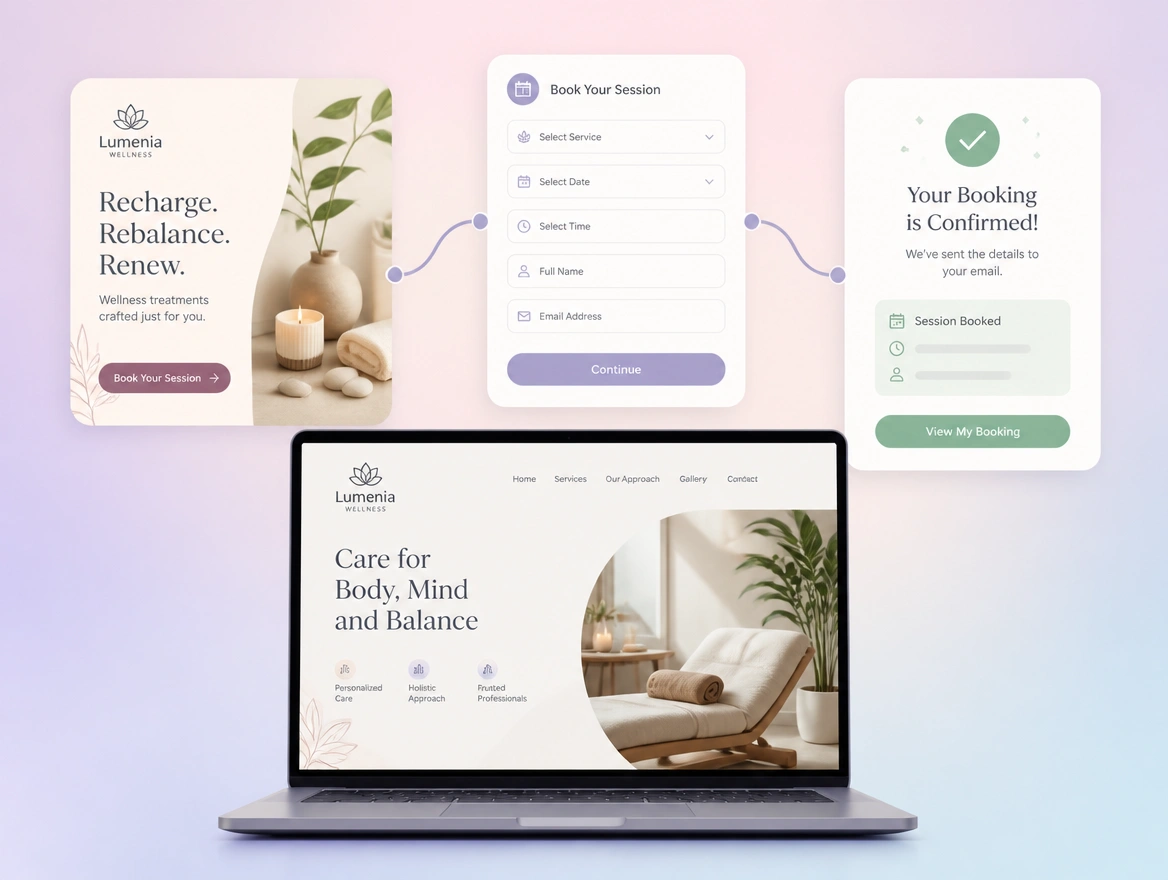 A wellness site on a laptop with a booking form and a confirmation card floating above