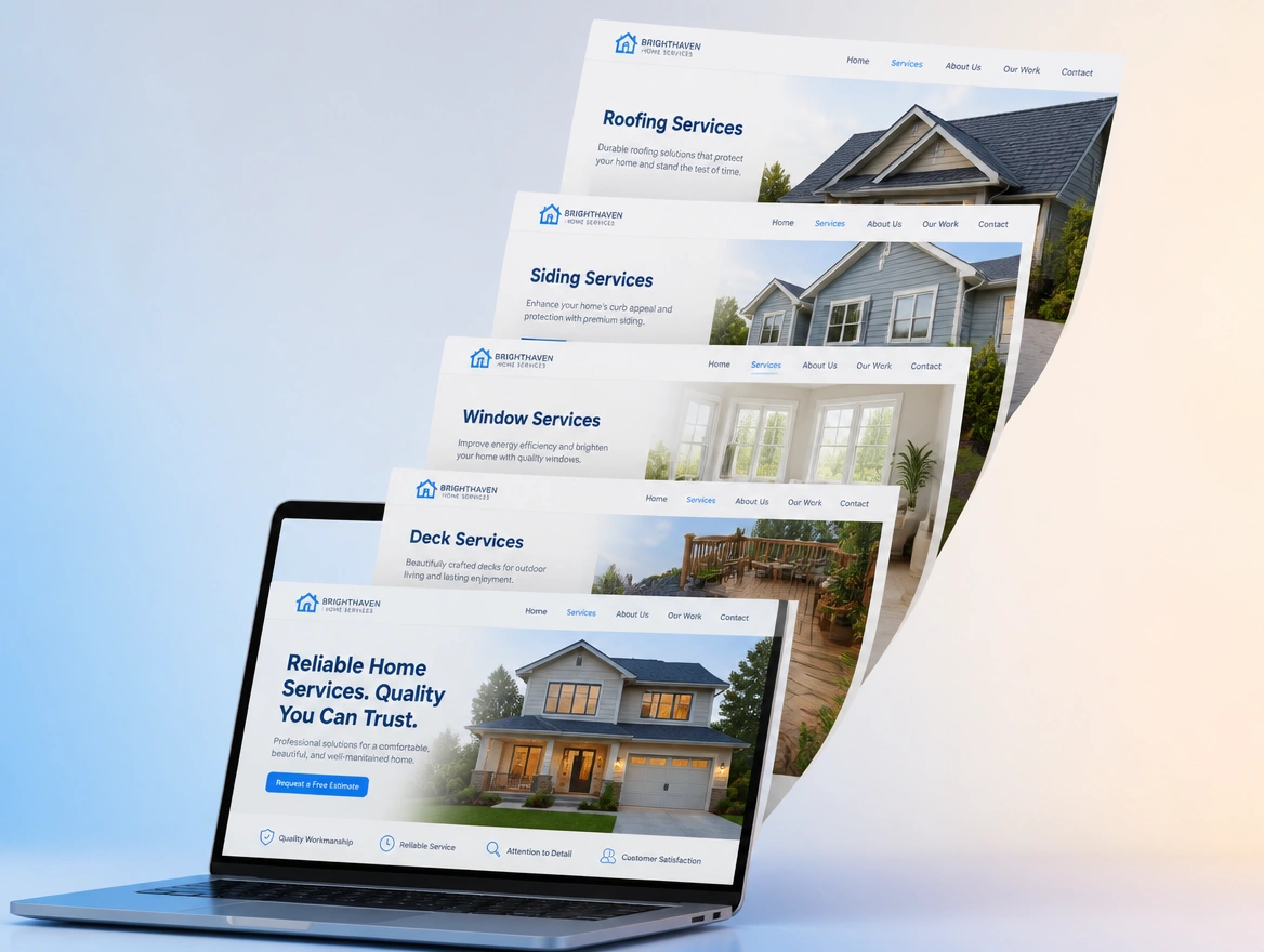 Five fanned pages for a home trades firm covering roofing, siding, windows and decking
