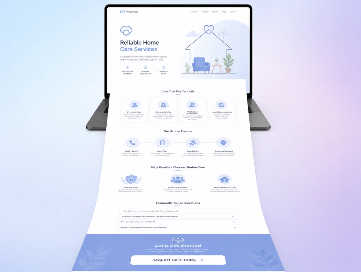 A long home care page unrolling from a laptop screen with service cards, steps and questions