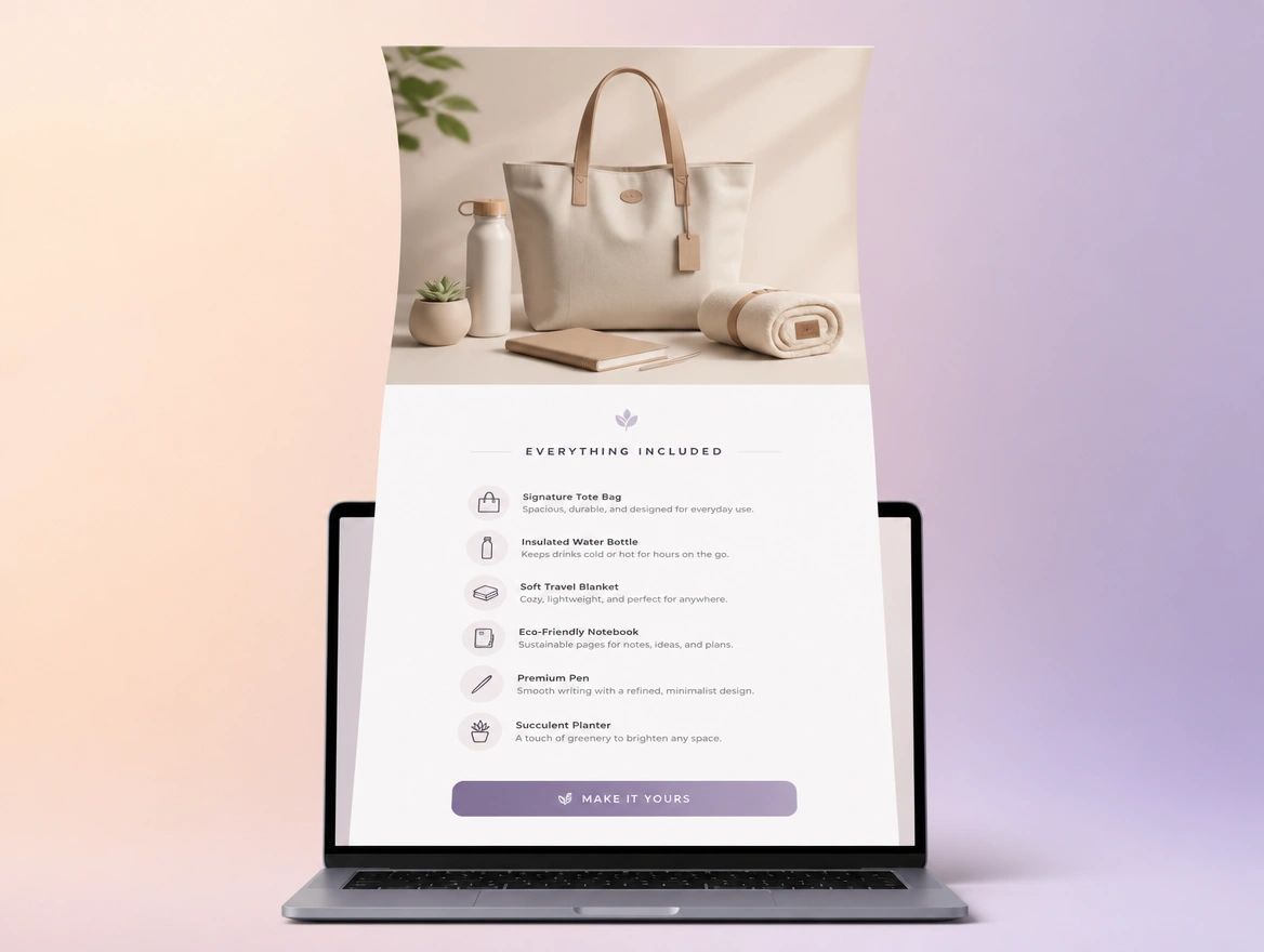 A gift set page curling out of a laptop with a product photo and six listed items