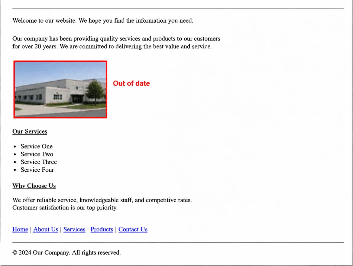 A dated website page with cramped type and a small old photograph