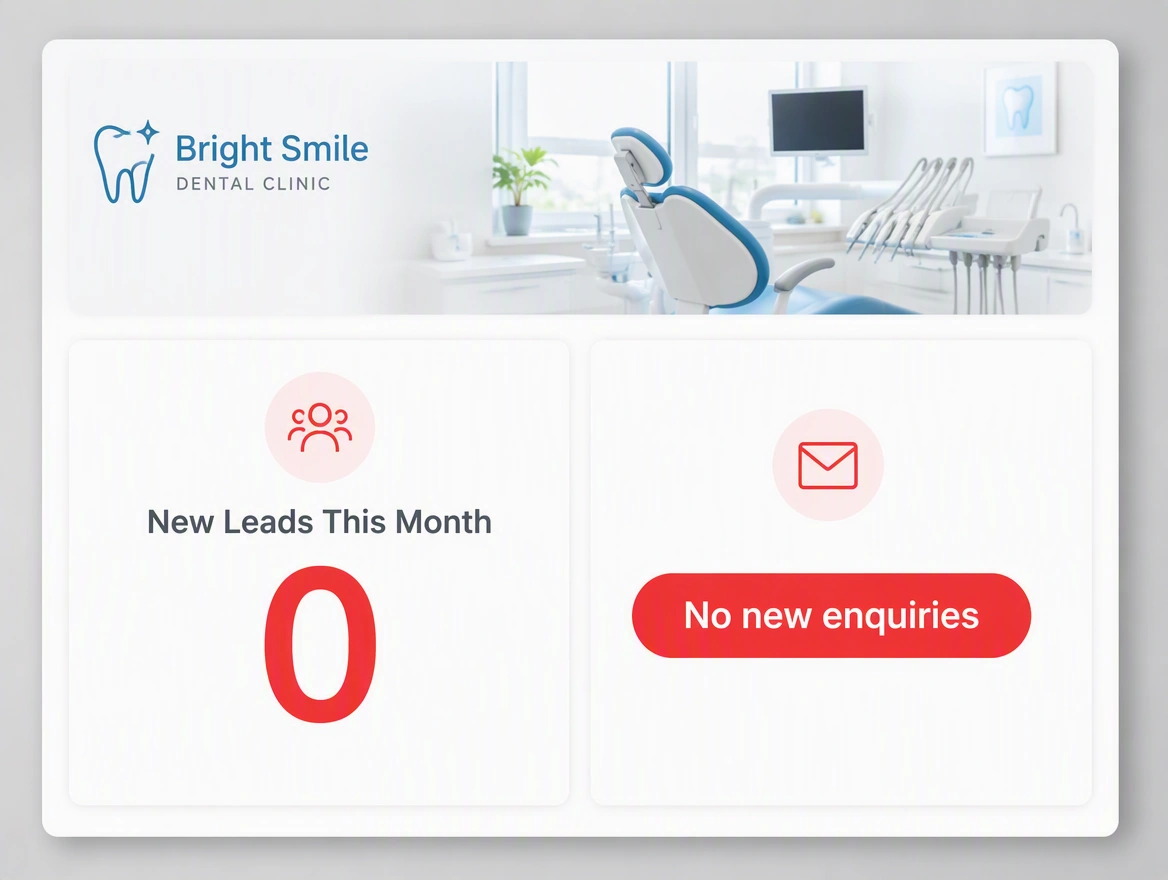 Dental clinic dashboard showing zero new leads this month and no new enquiries