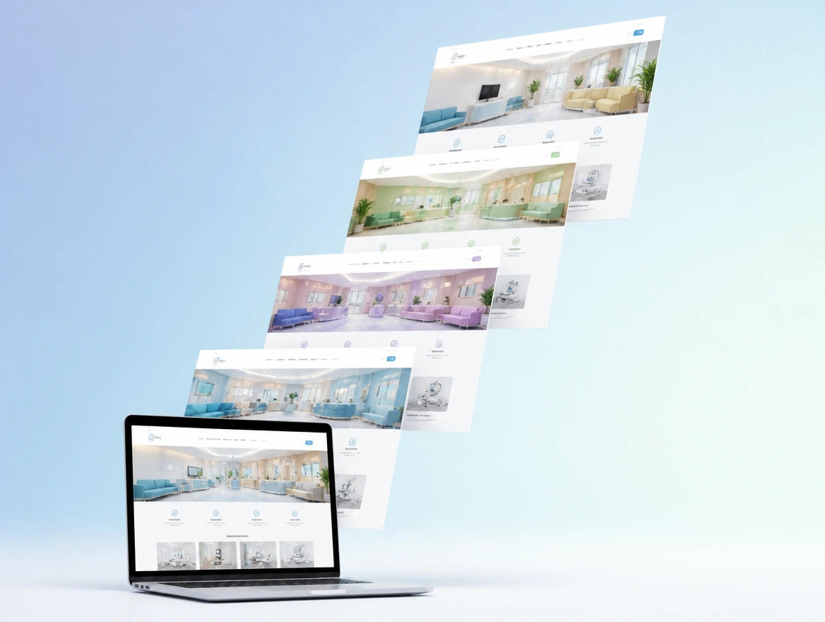 A laptop with four colour variations of the same clinic page floating up behind the screen