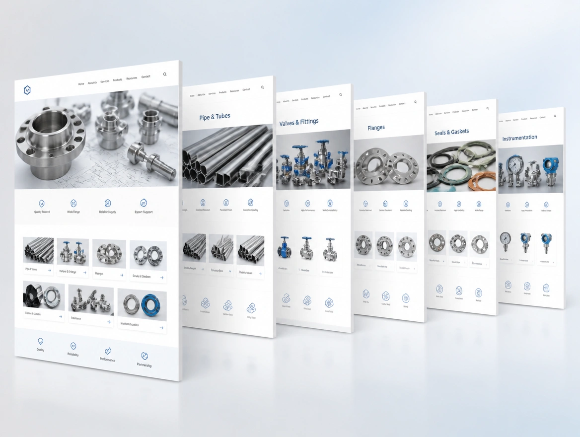 Six pages of an industrial parts site fanned in a row, one per product category