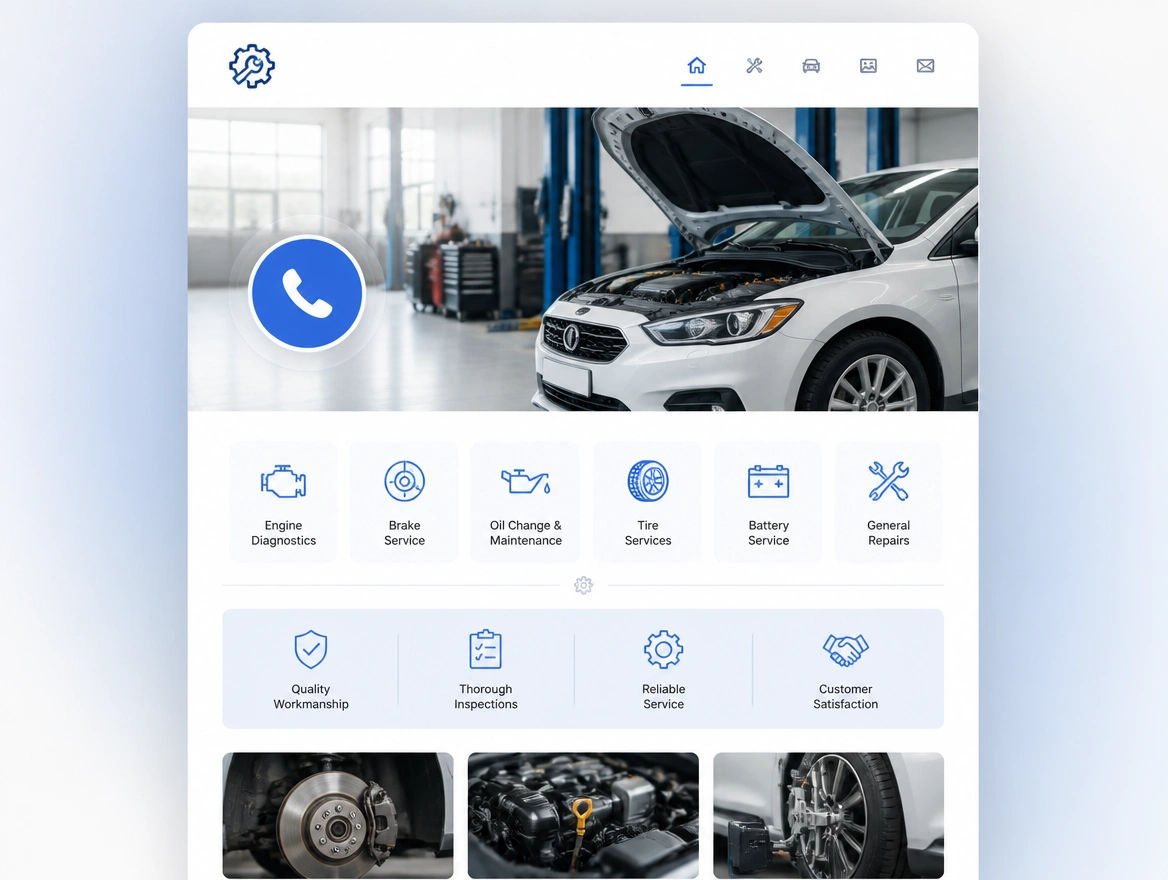 A car garage page with a workshop photo, a large call button and six service icons