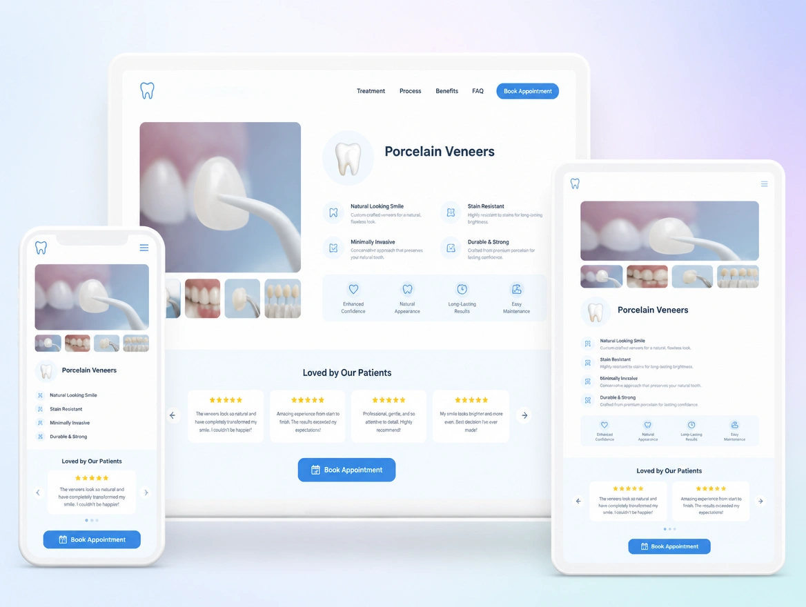 A dental treatment page shown on a phone, tablet and laptop, with reviews and a booking button