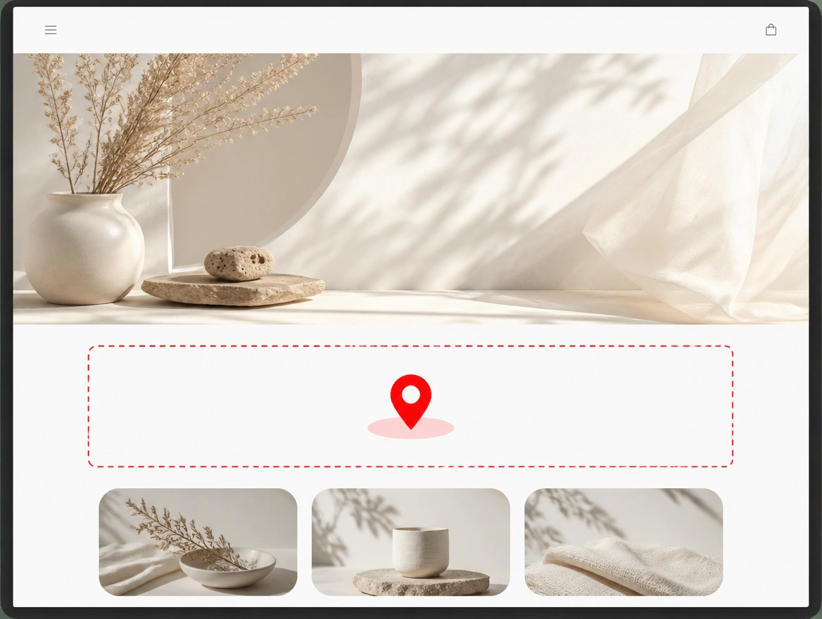 Website home page with a decorative hero and the offer area left blank inside a red dashed outline