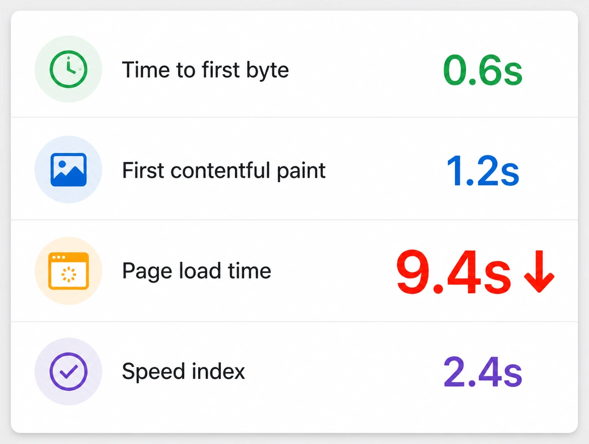 A page speed report with the page load time reading 9.4 seconds in red