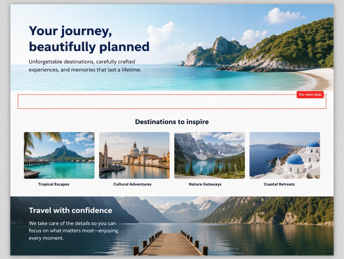 Travel homepage with an empty red dashed strip under the headline photo
