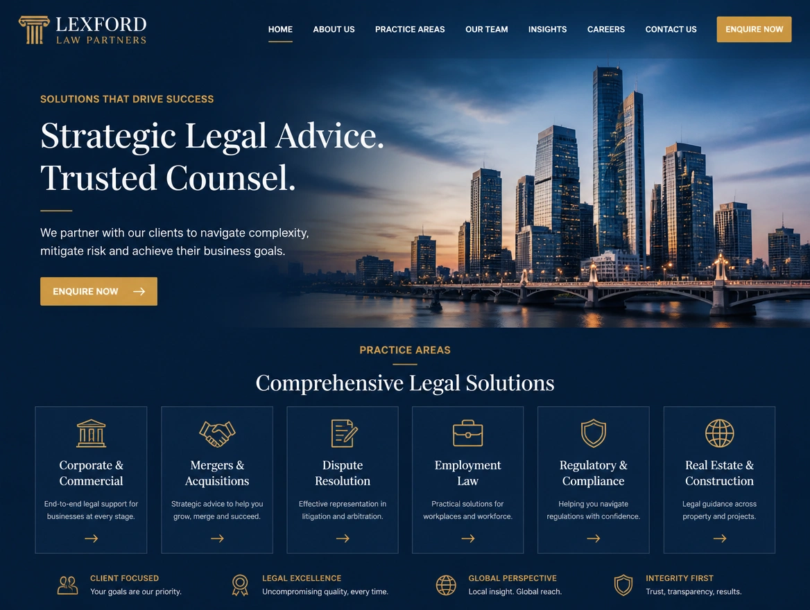 A corporate law firm website with practice areas and a contact button