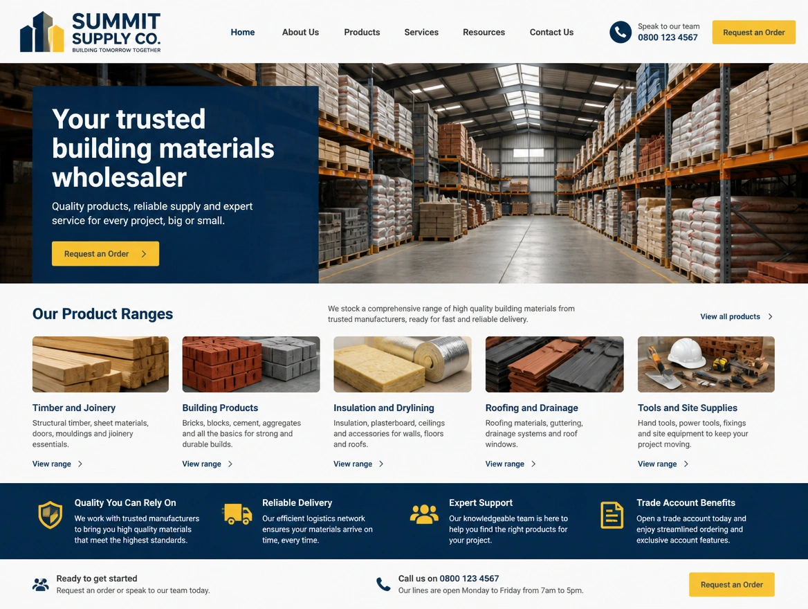 A building materials wholesaler website with product ranges and an order request button