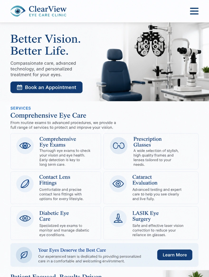 An eye clinic website on a phone with services and a booking button