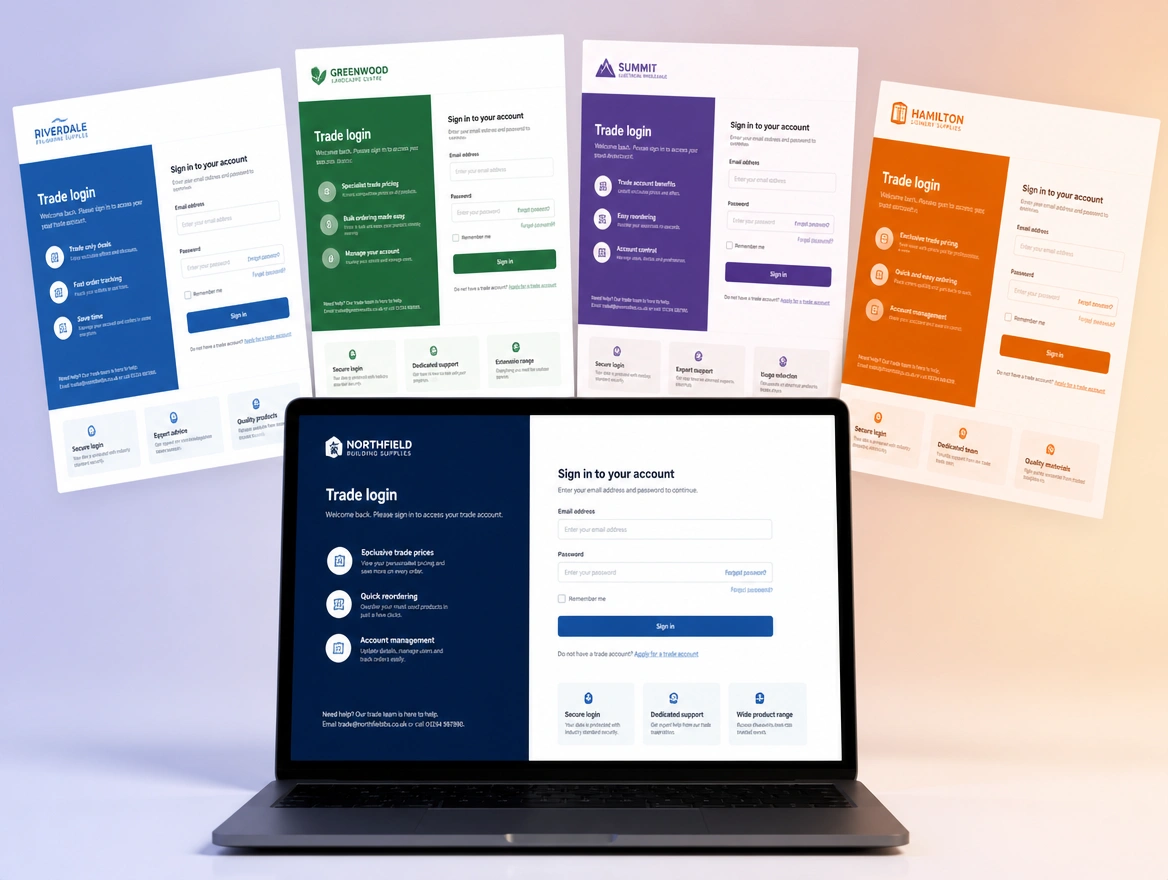 A laptop with four colour variations of the same trade login page floating up behind the screen