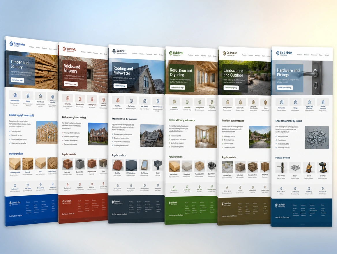 Six pages of a building materials wholesaler site fanned in a row, one per range