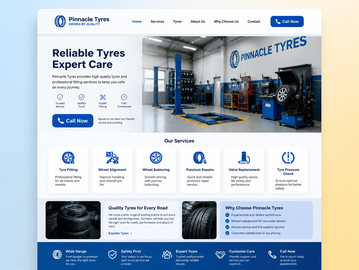 A tyre shop page with a fitting bay photograph, a large call button and six service icons