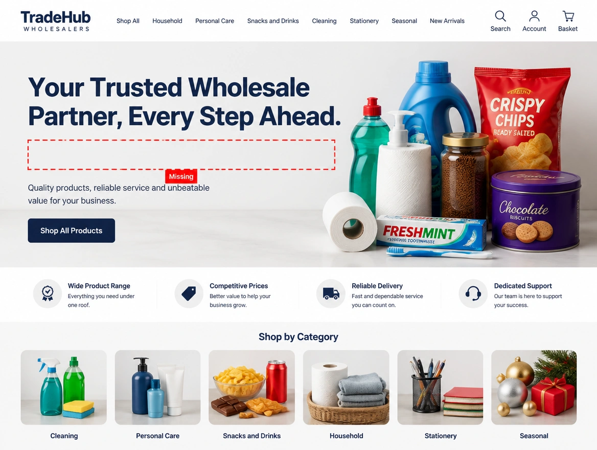 Wholesaler home page with a slogan and a red dashed outline round the blank line naming the ranges stocked