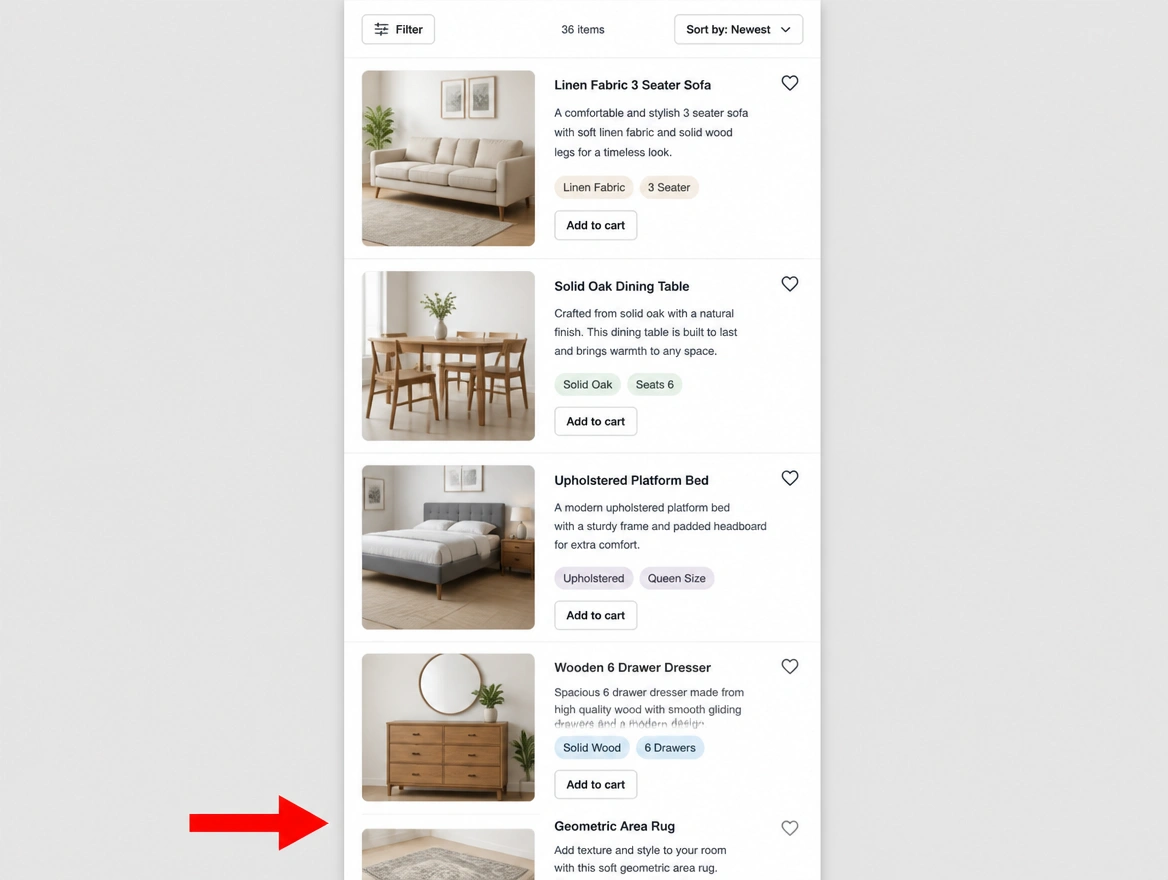 Desktop product list squeezed into a phone width with a red arrow at rows cut off the screen