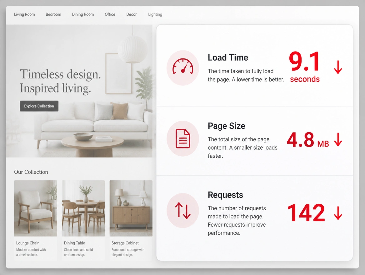 A page speed report over a catalogue page with the load time reading 9.1 seconds in red