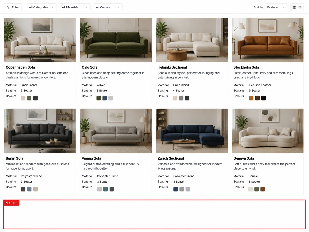 Catalogue page with a red outlined strip where an order request form should be
